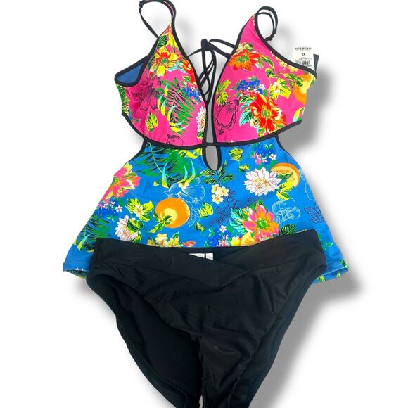 NEW Bar III Blue Floral Tankini Swimsuit Set Size XL Cut Out Monokini Tropical - Picture 1 of 11